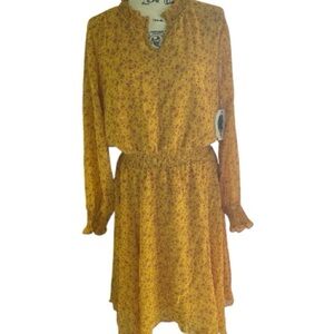 Time and Tru Yellow Long Sleeve Floral Yellow Dress